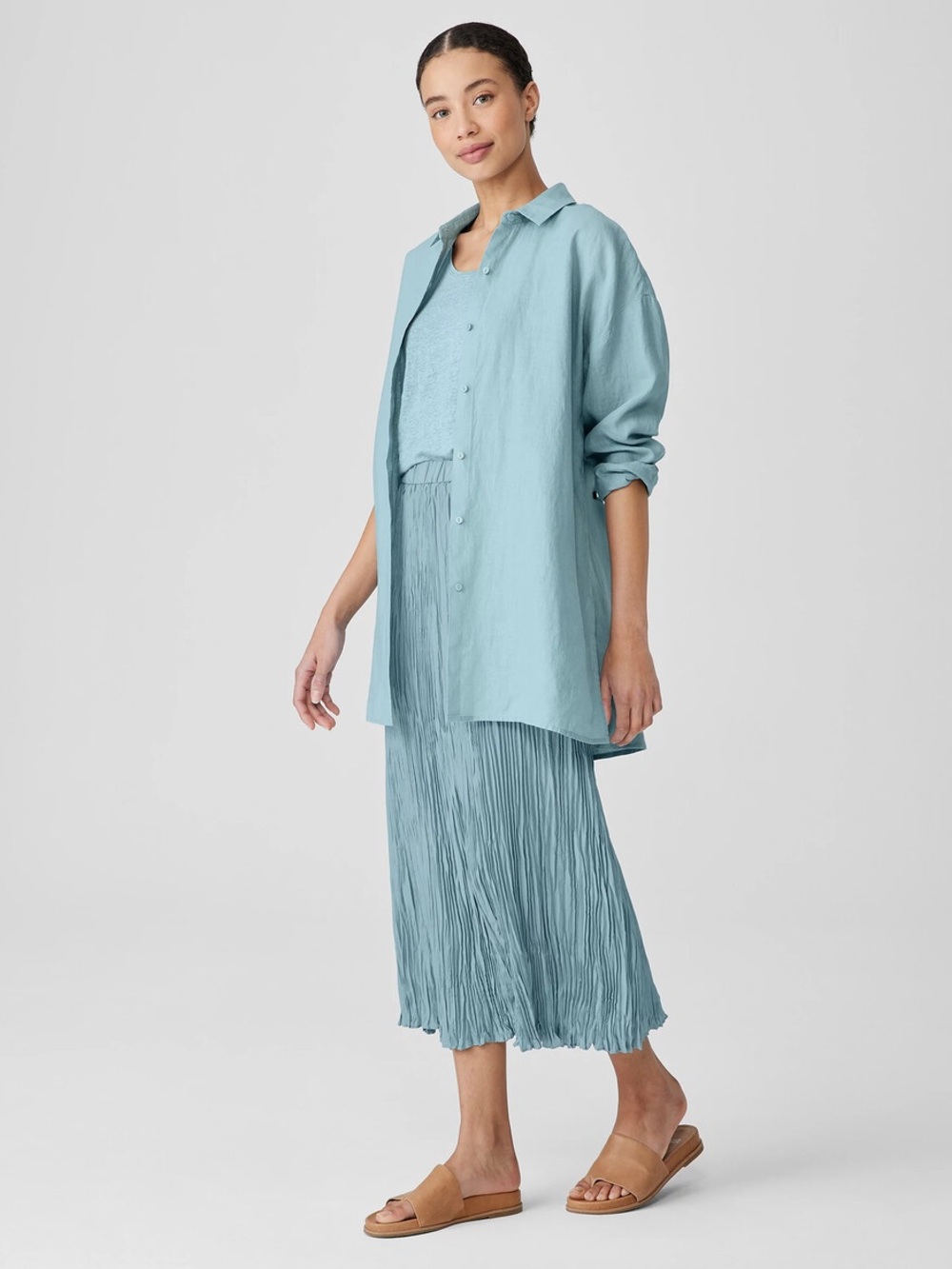 EILEEN FISHER NWT L Crushed Silk Maxi Skirt in Seafoam Pleated Lightweight Midi